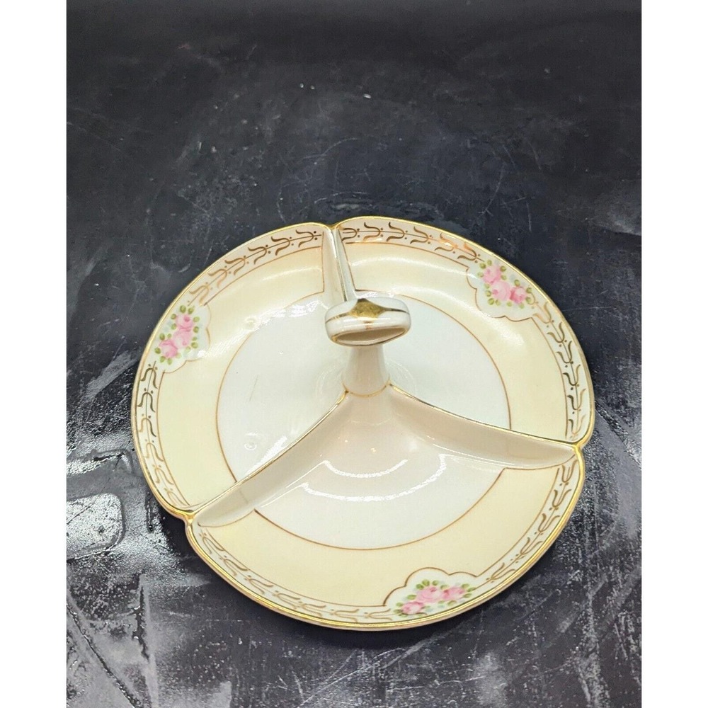 Antique Nippon Handpainted Divided Nut Dish W/ Handle Pink Rose Flower 7"